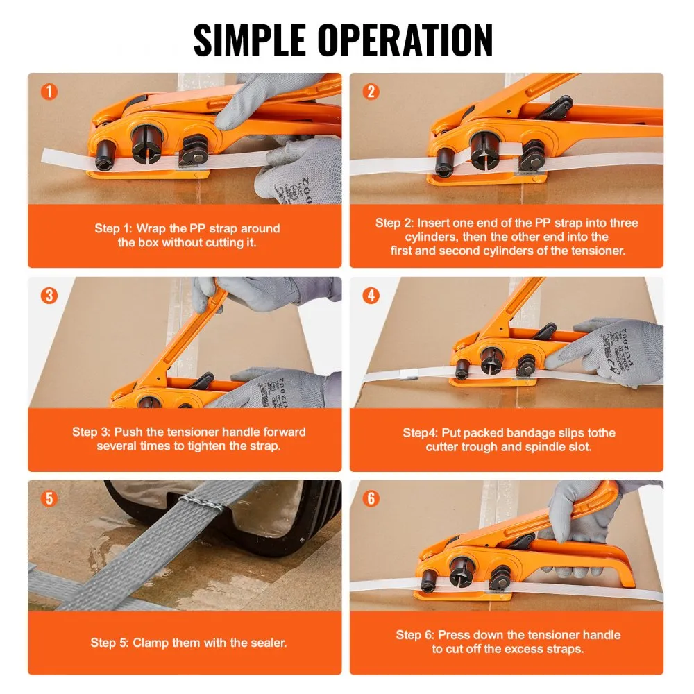 VEVOR banding strapping kit instruction steps for packaging boxes with pp strap and tensioner tools.