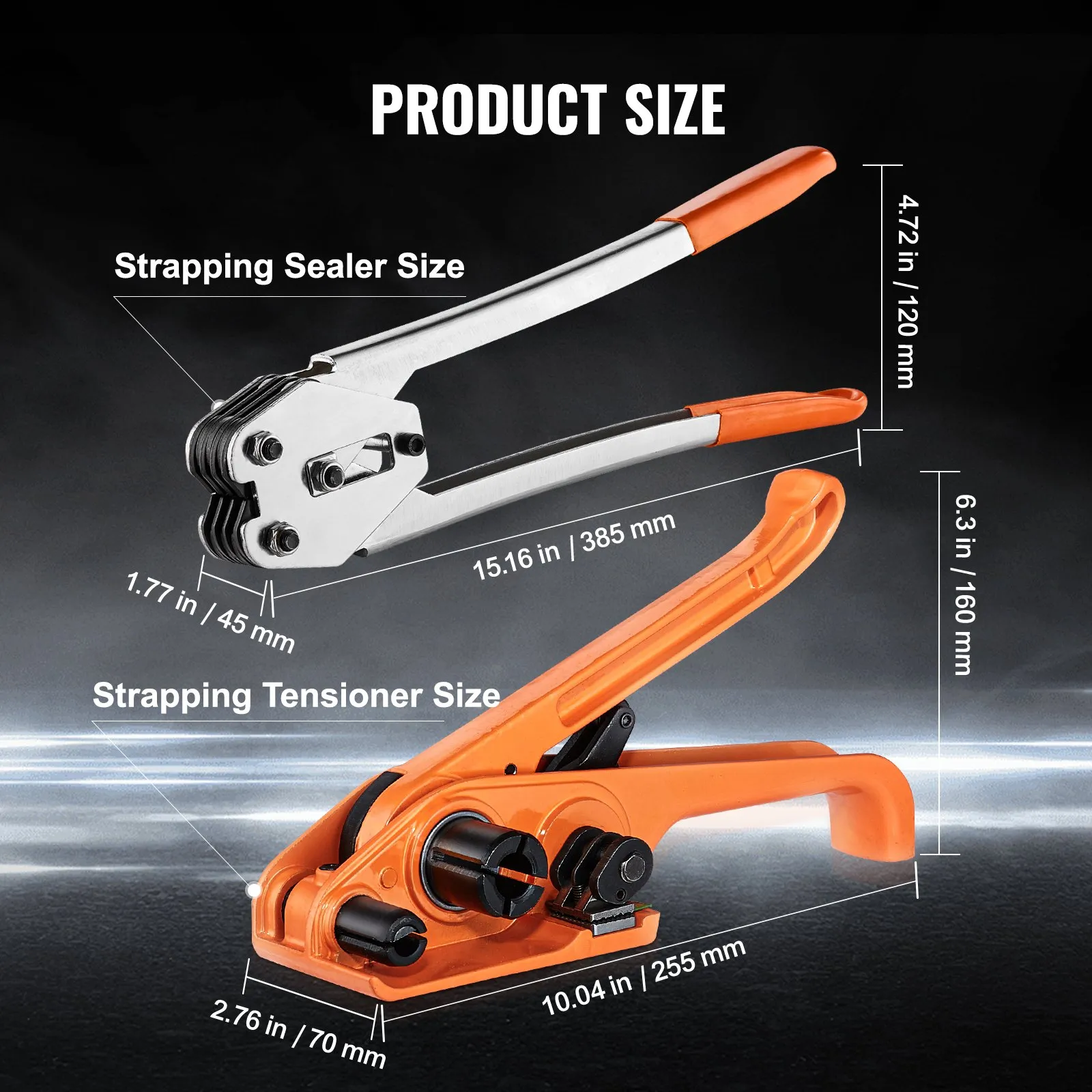 VEVOR banding strapping kit features a strapping sealer and tensioner with size details.