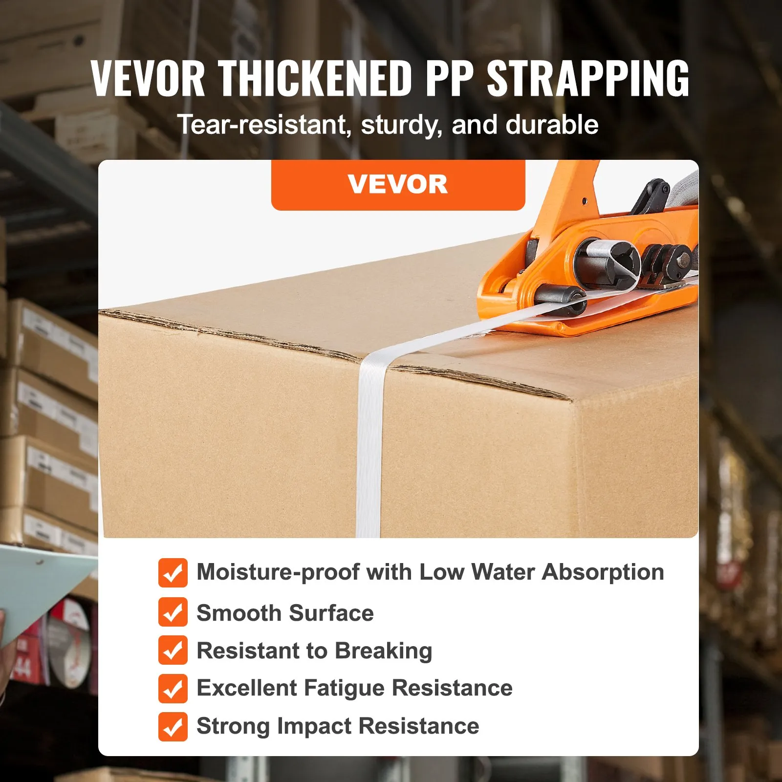 VEVOR banding strapping kit securing a box, highlighting tear resistance, smooth surface, and durability.