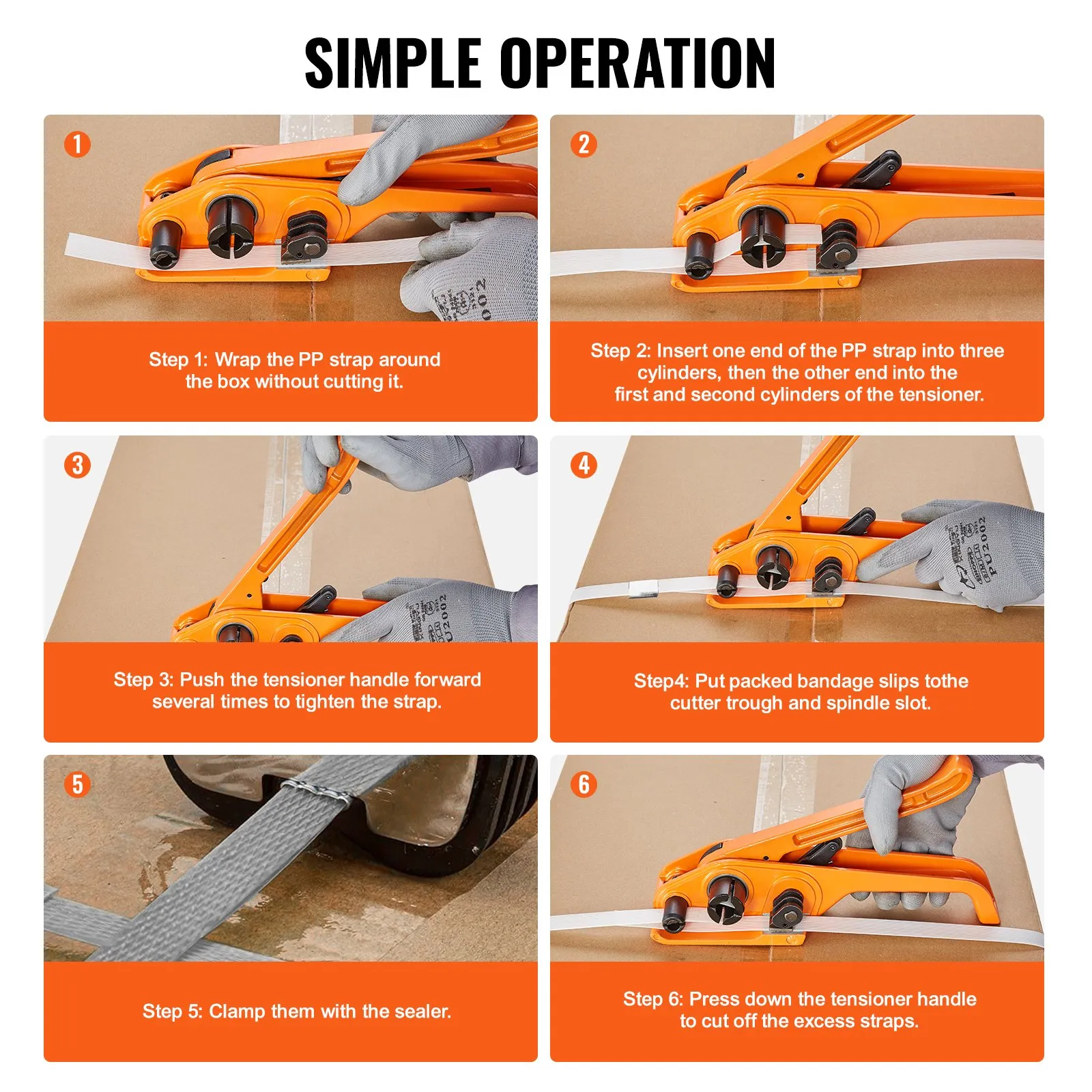 VEVOR banding strapping kit instruction steps for packaging boxes with pp strap and tensioner tools.