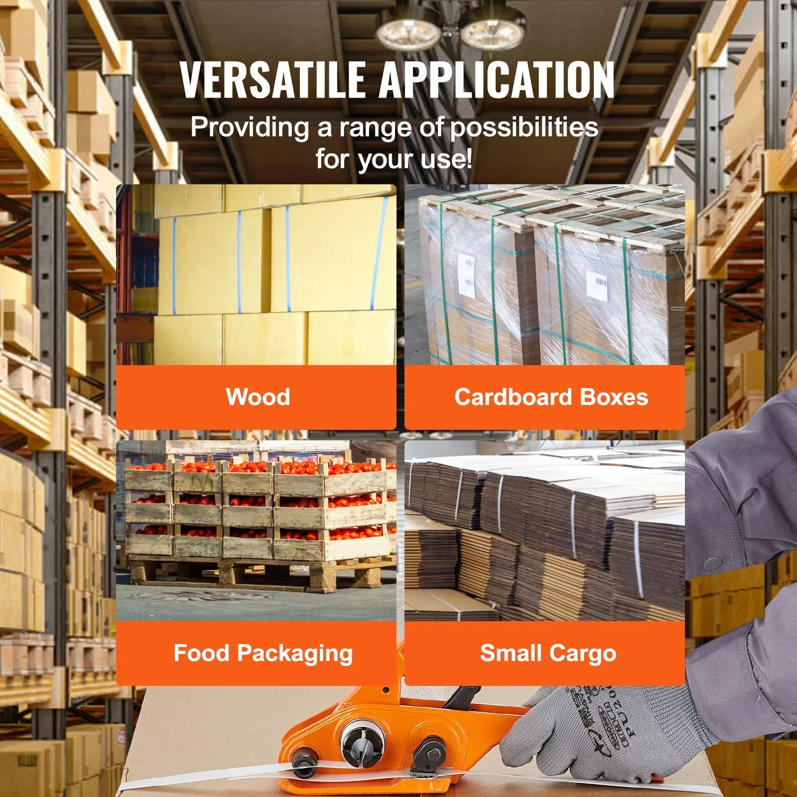 VEVOR banding strapping kit securing wood, cardboard boxes, food packaging, and small cargo in a warehouse.