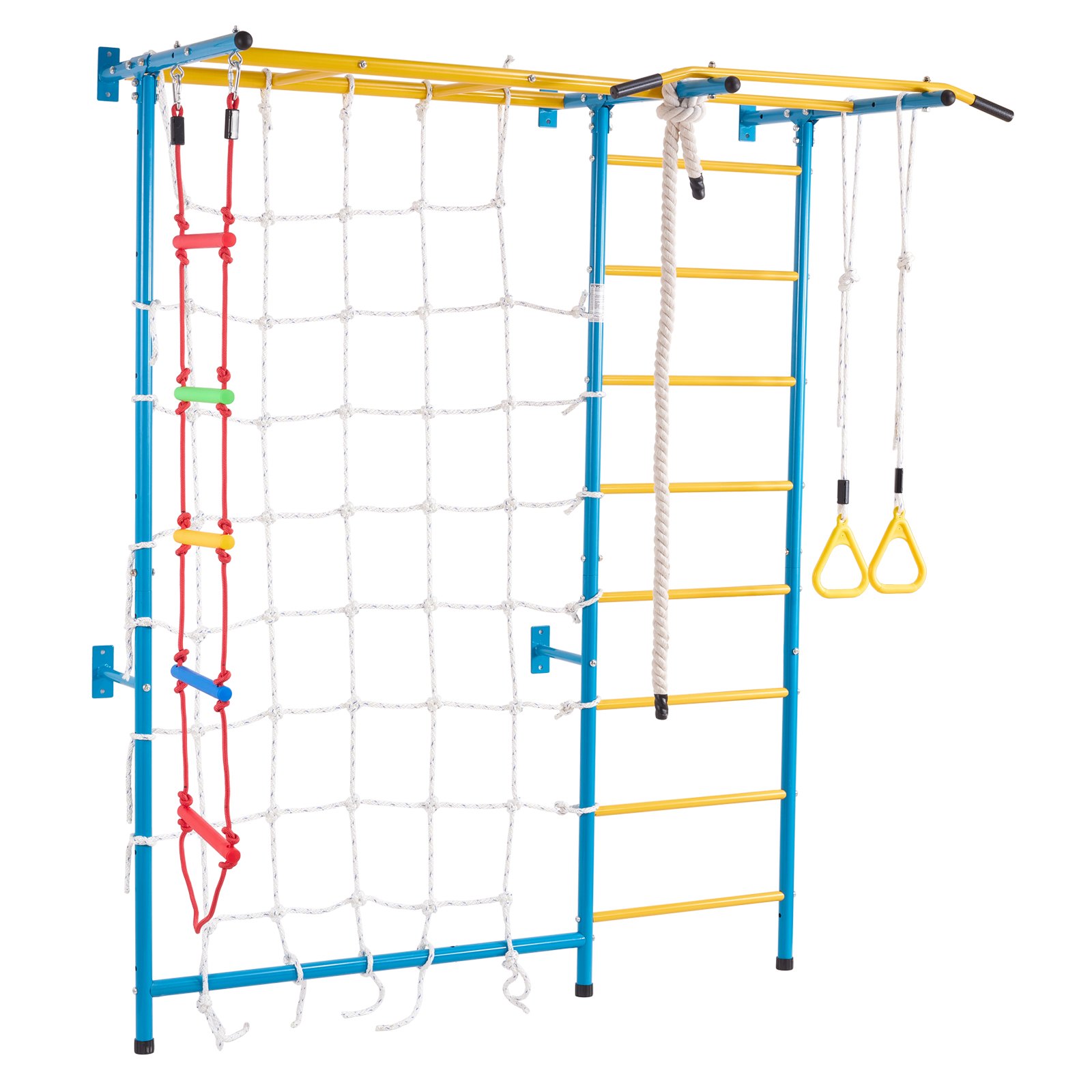 VEVOR Indoor Jungle Gym for Toddlers, 7-in-1 Climbing Playset with Carbon Steel Swedish Ladder, Wall Ladder, Pull-Up Bar, Rope Ladder, and Gymnastic Rings, Supports 220 lbs, Multicolor