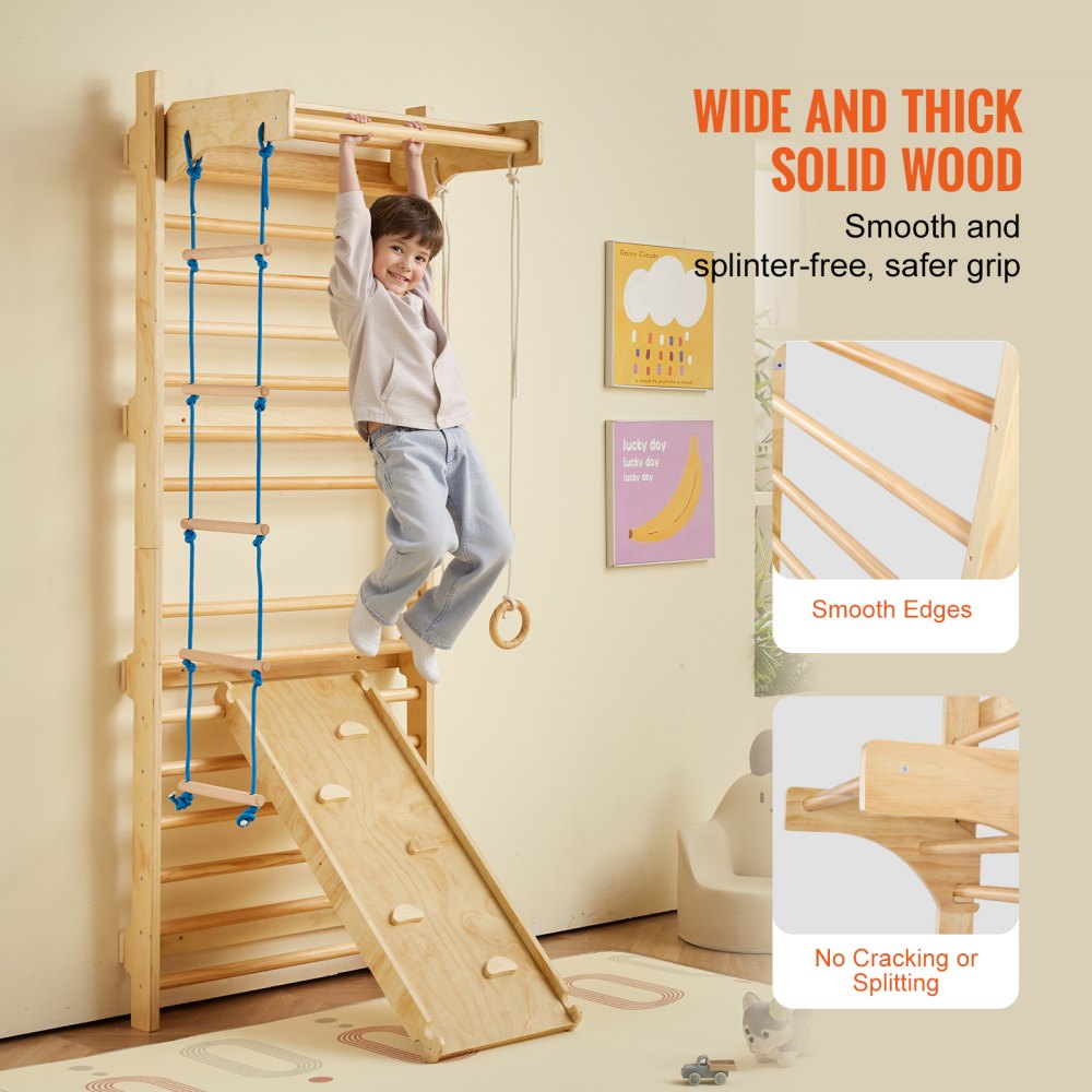 VEVOR Swedish Ladder Wall Gym, 5 in 1 Wooden Indoor Playground Climbing Toys, 220 lbs Load Capacity Swedish Wall Ladder with Pull-Up Bar, Gymnastic Rings, Wall Ladder, Rope Ladder, and Slide Board