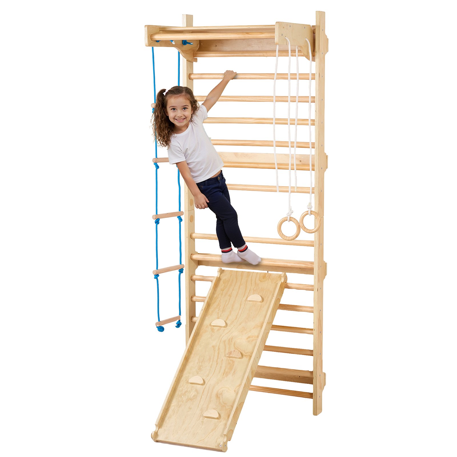 VEVOR Swedish Ladder Wall Gym, 5 in 1 Wooden Indoor Playground Climbing Toys, 220 lbs Load Capacity Swedish Wall Ladder with Pull-Up Bar, Gymnastic Rings, Wall Ladder, Rope Ladder, and Slide Board