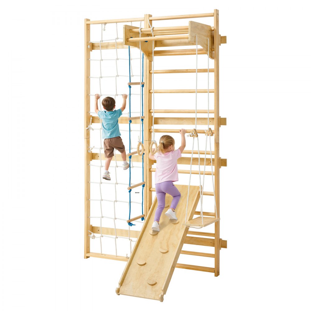 VEVOR Swedish Ladder Wall Gym, 8-in-1 12-Level Solid Wood Gymnastic Stall Bars for Kids Adults, 220LBS Indoor Jungle Gym Playset with Climbing Board, Gym Rings, Pull-Up Bar, Wall Ladder, Slide, Swing
