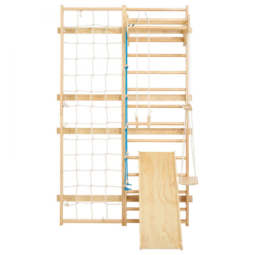 VEVOR Swedish Ladder Wall Gym, 8-in-1 12-Level Solid Wood Gymnastic Stall Bars for Kids Adults, 220LBS Indoor Jungle Gym Playset with Climbing Board, Gym Rings, Pull-Up Bar, Wall Ladder, Slide, Swing