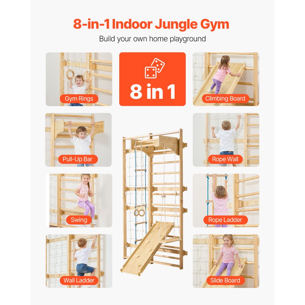 VEVOR Swedish Ladder Wall Gym, 8-in-1 12-Level Solid Wood Gymnastic Stall Bars for Kids Adults, 220LBS Indoor Jungle Gym Playset with Climbing Board, Gym Rings, Pull-Up Bar, Wall Ladder, Slide, Swing