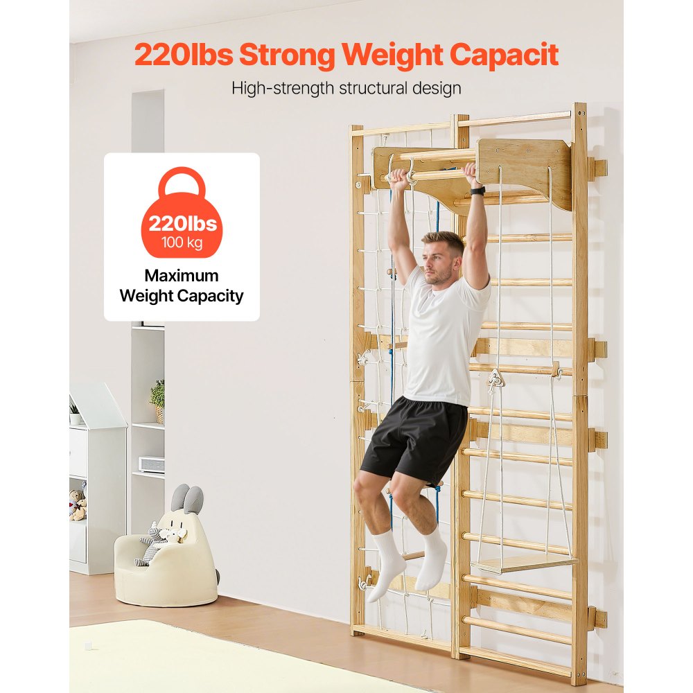 VEVOR Swedish Ladder Wall Gym, 8-in-1 12-Level Solid Wood Gymnastic Stall Bars for Kids Adults, 220LBS Indoor Jungle Gym Playset with Climbing Board, Gym Rings, Pull-Up Bar, Wall Ladder, Slide, Swing
