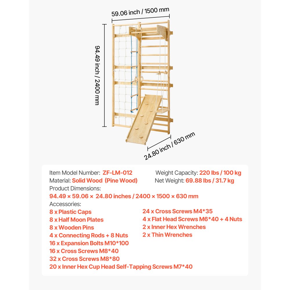 VEVOR Swedish Ladder Wall Gym, 8-in-1 12-Level Solid Wood Gymnastic Stall Bars for Kids Adults, 220LBS Indoor Jungle Gym Playset with Climbing Board, Gym Rings, Pull-Up Bar, Wall Ladder, Slide, Swing