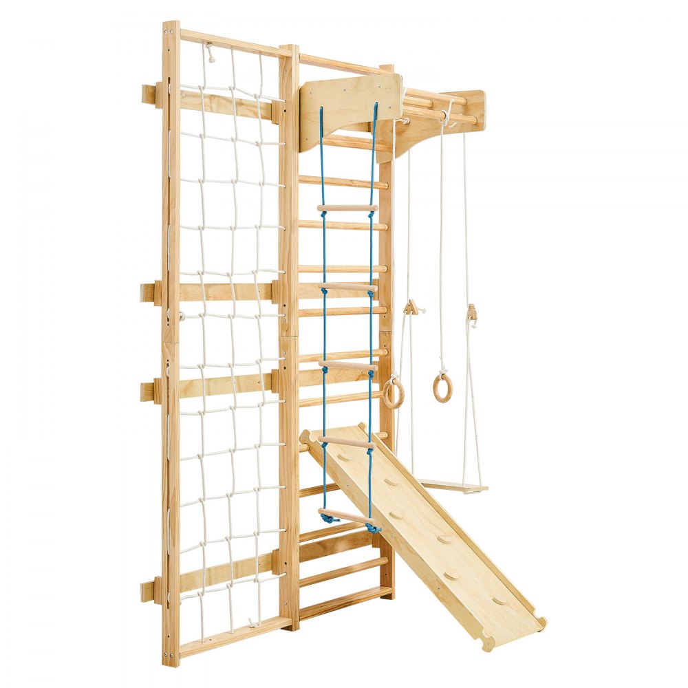 VEVOR Swedish Ladder Wall Gym, 8-in-1 12-Level Solid Wood Gymnastic Stall Bars for Kids Adults, 220LBS Indoor Jungle Gym Playset with Climbing Board, Gym Rings, Pull-Up Bar, Wall Ladder, Slide, Swing