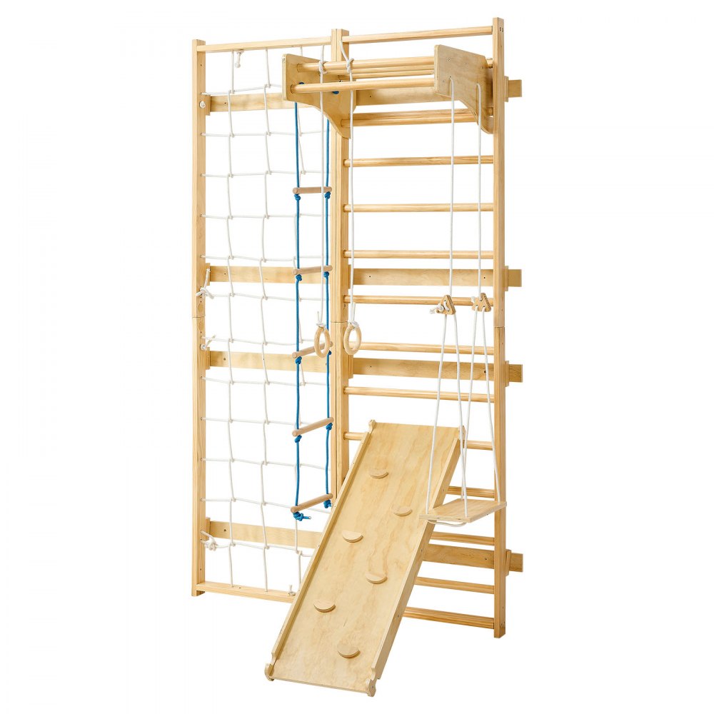 VEVOR Swedish Ladder Wall Gym, 8-in-1 12-Level Solid Wood Gymnastic Stall Bars for Kids Adults, 220LBS Indoor Jungle Gym Playset with Climbing Board, Gym Rings, Pull-Up Bar, Wall Ladder, Slide, Swing