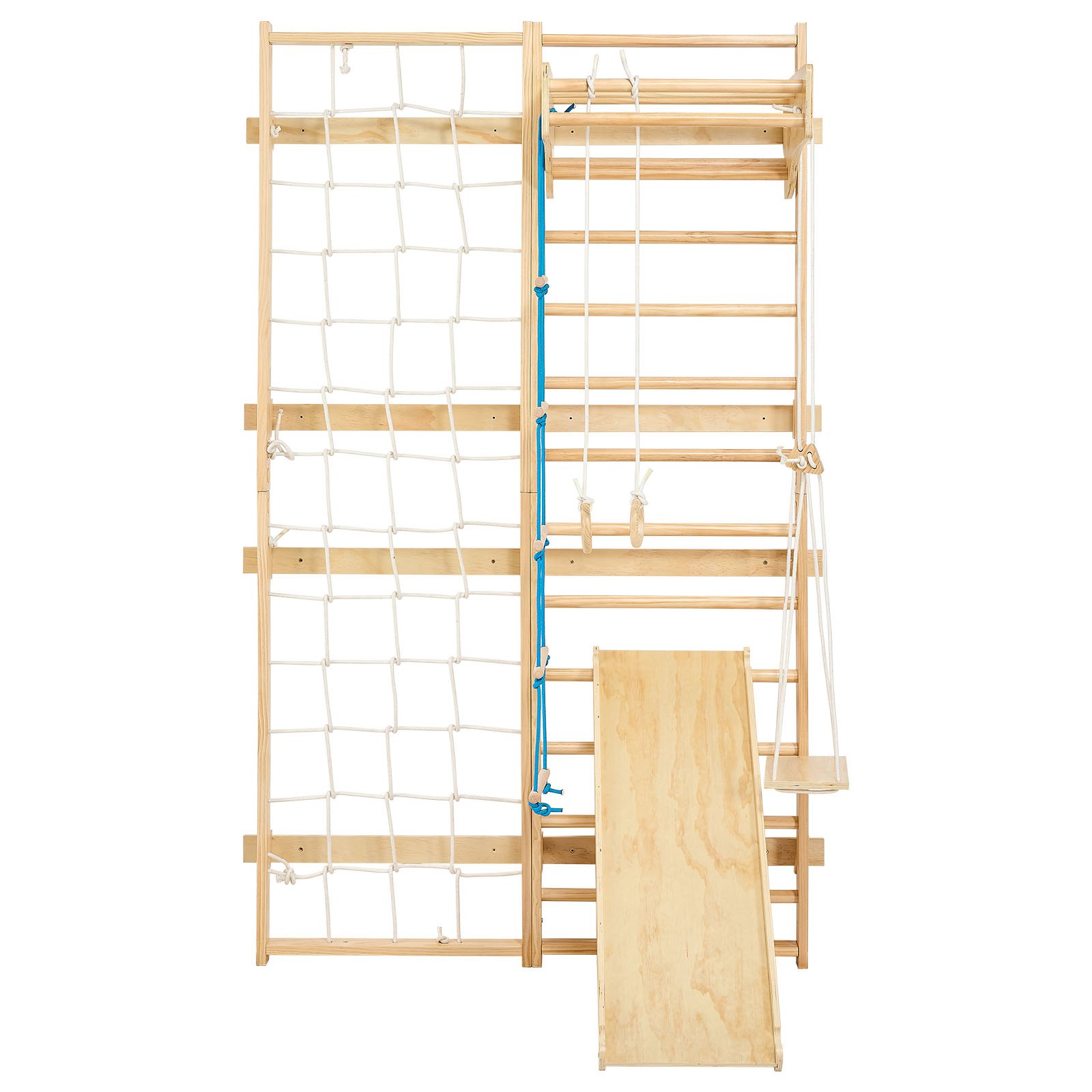 VEVOR Swedish Ladder Wall Gym, 8-in-1 12-Level Solid Wood Gymnastic Stall Bars for Kids Adults, 220LBS Indoor Jungle Gym Playset with Climbing Board, Gym Rings, Pull-Up Bar, Wall Ladder, Slide, Swing