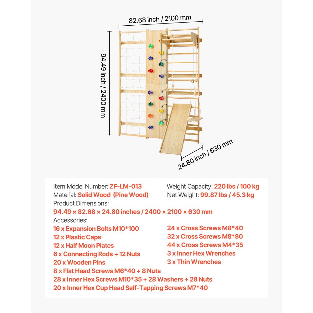 VEVOR Swedish Ladder Wall Gym, 9-in-1 12-Level Solid Wood Gymnastic Stall Bars for Kids Adults, 220LBS Indoor Jungle Gym with Rock Climbing Wall, Gym Rings, Pull-Up Bar, Climbing Board, Slide, Swing
