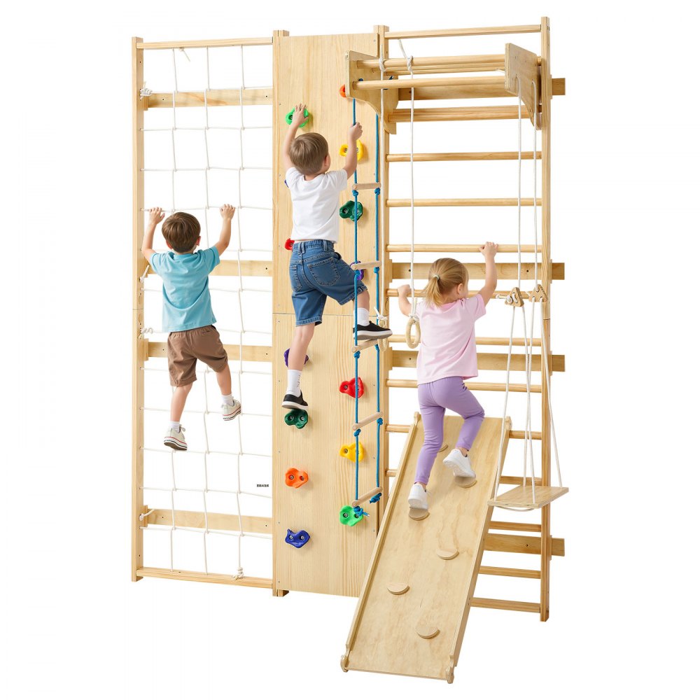 VEVOR Swedish Ladder Wall Gym, 9-in-1 12-Level Solid Wood Gymnastic Stall Bars for Kids Adults, 220LBS Indoor Jungle Gym with Rock Climbing Wall, Gym Rings, Pull-Up Bar, Climbing Board, Slide, Swing