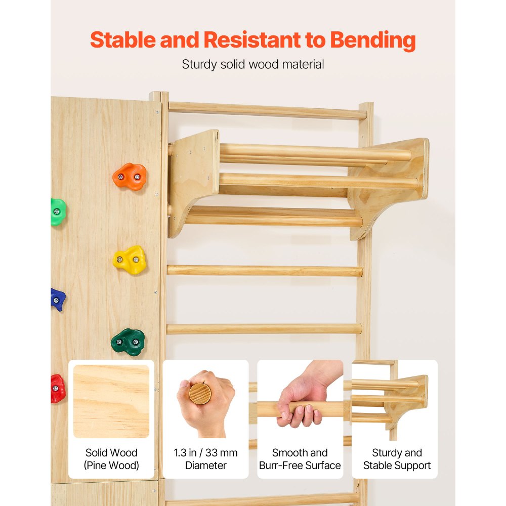 VEVOR Swedish Ladder Wall Gym, 9-in-1 12-Level Solid Wood Gymnastic Stall Bars for Kids Adults, 220LBS Indoor Jungle Gym with Rock Climbing Wall, Gym Rings, Pull-Up Bar, Climbing Board, Slide, Swing