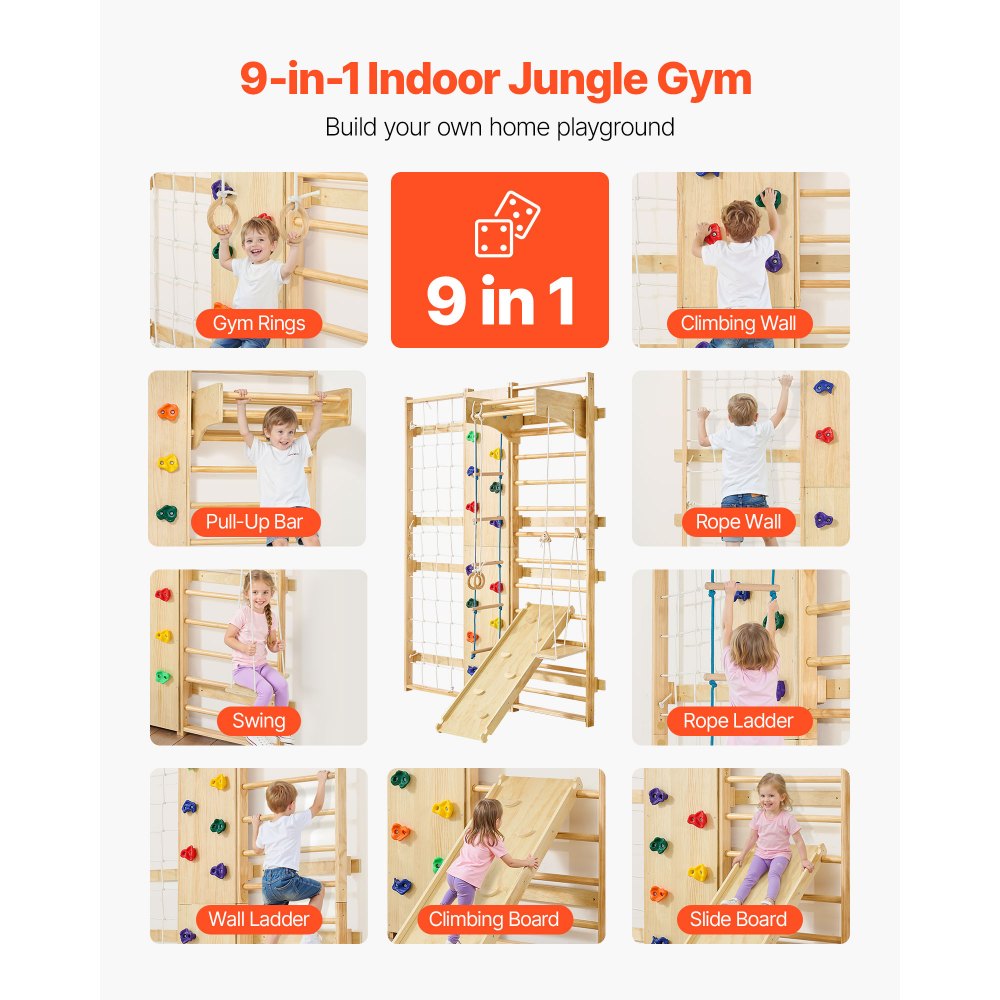 VEVOR Swedish Ladder Wall Gym, 9-in-1 12-Level Solid Wood Gymnastic Stall Bars for Kids Adults, 220LBS Indoor Jungle Gym with Rock Climbing Wall, Gym Rings, Pull-Up Bar, Climbing Board, Slide, Swing