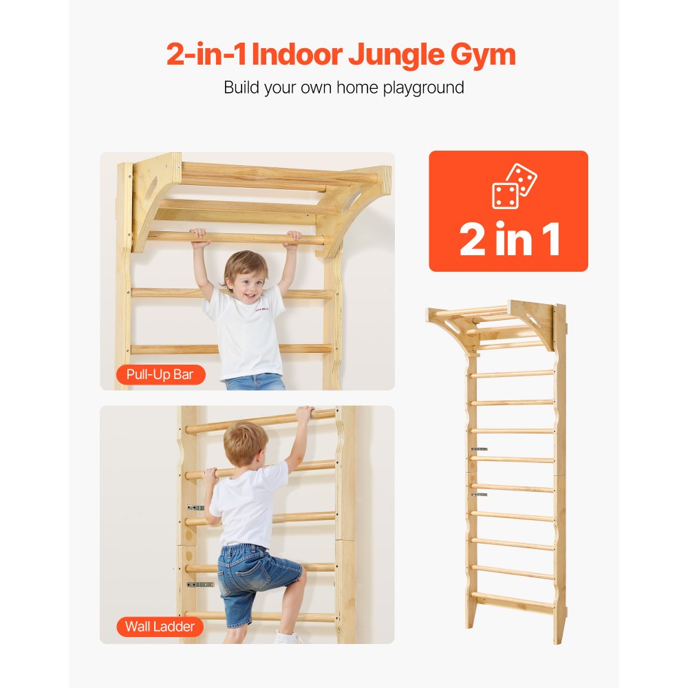VEVOR Swedish Ladder Wall Gym, 2-in-1 10-Level Indoor Jungle Gym, 220LBS Loading Solid Wood Gymnastic Stall Bars for Kids & Adults, Indoor Playground Climbing Playset with Pull-Up Bar, Wall Ladder