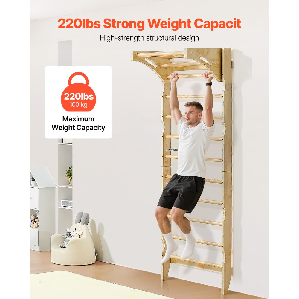 VEVOR Swedish Ladder Wall Gym, 2-in-1 10-Level Indoor Jungle Gym, 220LBS Loading Solid Wood Gymnastic Stall Bars for Kids & Adults, Indoor Playground Climbing Playset with Pull-Up Bar, Wall Ladder
