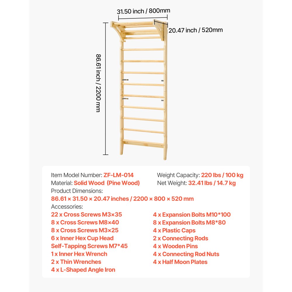 VEVOR Swedish Ladder Wall Gym, 2-in-1 10-Level Indoor Jungle Gym, 220LBS Loading Solid Wood Gymnastic Stall Bars for Kids & Adults, Indoor Playground Climbing Playset with Pull-Up Bar, Wall Ladder