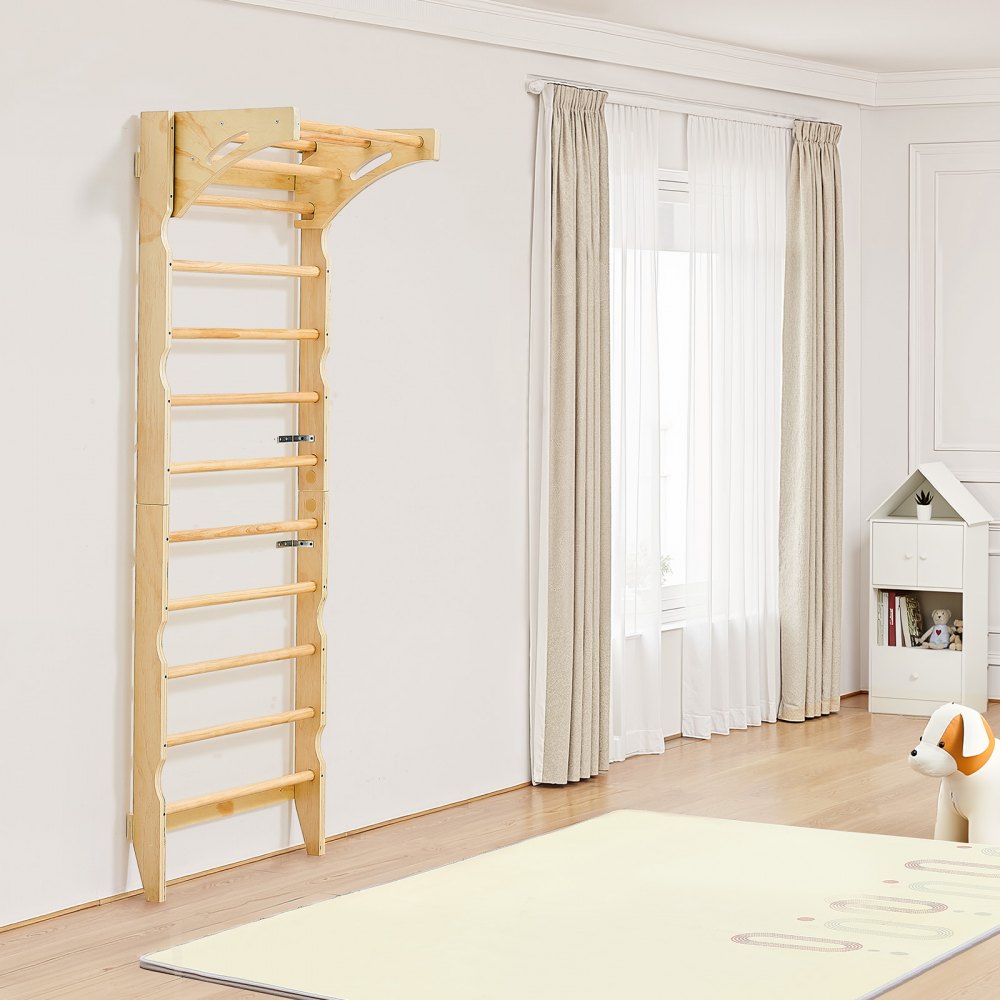 VEVOR Swedish Ladder Wall Gym, 2-in-1 10-Level Indoor Jungle Gym, 220LBS Loading Solid Wood Gymnastic Stall Bars for Kids & Adults, Indoor Playground Climbing Playset with Pull-Up Bar, Wall Ladder