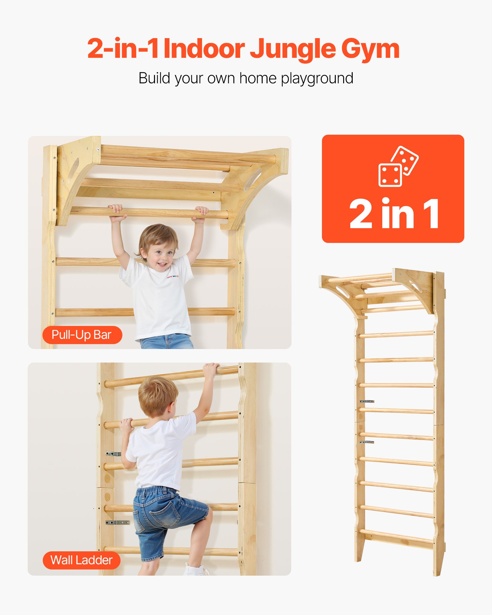 VEVOR Swedish Ladder Wall Gym, 2-in-1 10-Level Indoor Jungle Gym, 220LBS Loading Solid Wood Gymnastic Stall Bars for Kids & Adults, Indoor Playground Climbing Playset with Pull-Up Bar, Wall Ladder