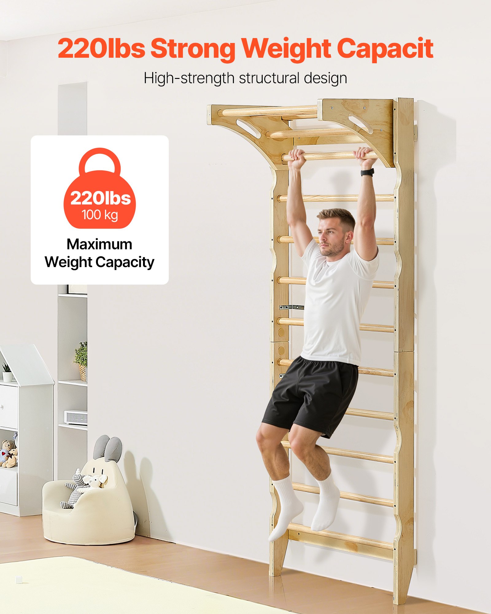 VEVOR Swedish Ladder Wall Gym, 2-in-1 10-Level Indoor Jungle Gym, 220LBS Loading Solid Wood Gymnastic Stall Bars for Kids & Adults, Indoor Playground Climbing Playset with Pull-Up Bar, Wall Ladder