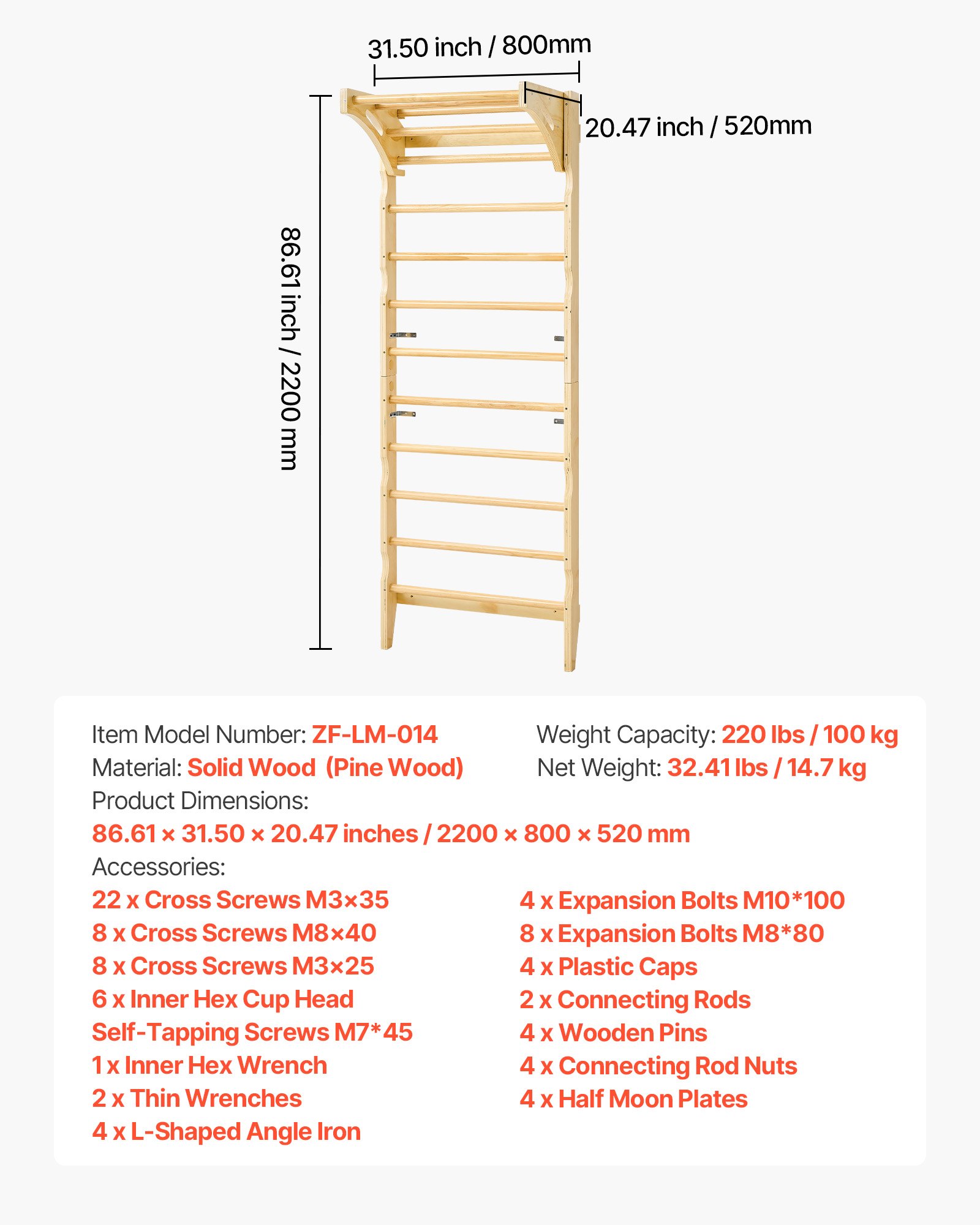 VEVOR Swedish Ladder Wall Gym, 2-in-1 10-Level Indoor Jungle Gym, 220LBS Loading Solid Wood Gymnastic Stall Bars for Kids & Adults, Indoor Playground Climbing Playset with Pull-Up Bar, Wall Ladder
