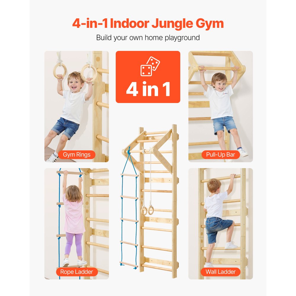 VEVOR Swedish Ladder Wall Gym, 4-in-1 8-Level Indoor Jungle Gym, 220LBS Loading Solid Wood Gymnastic Stall Bars, Indoor Playground Climbing Playset with Gym Rings, Pull-Up Bar, Rope Ladder, Wall Ladder