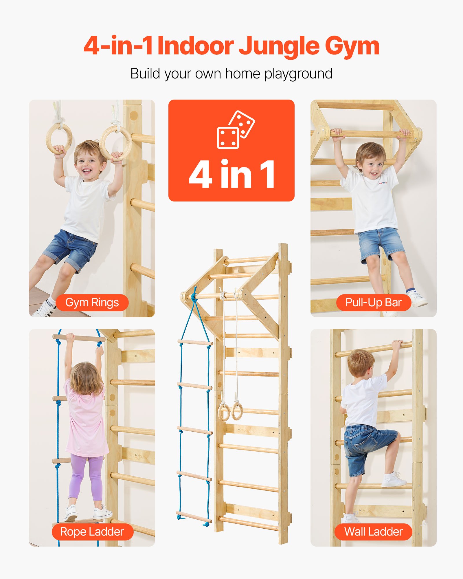 VEVOR Swedish Ladder Wall Gym, 4-in-1 8-Level Indoor Jungle Gym, 220LBS Loading Solid Wood Gymnastic Stall Bars, Indoor Playground Climbing Playset with Gym Rings, Pull-Up Bar, Rope Ladder, Wall Ladder