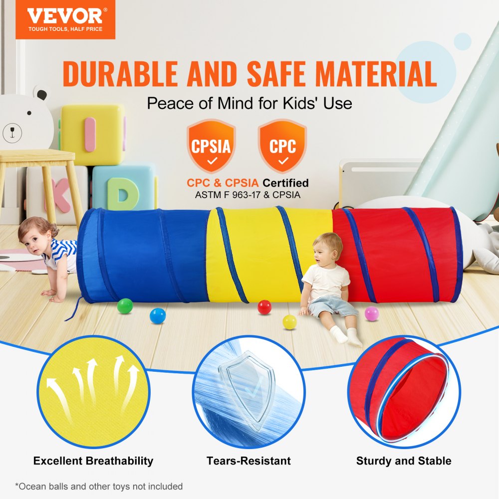 VEVOR kids play tunnel with vibrant colors, excellent breathability, and tear-resistant material. cpc &amp; cpsia certified.