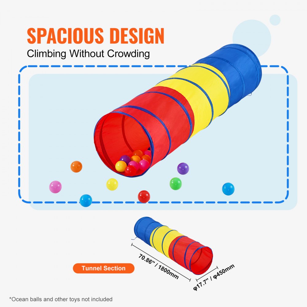 VEVOR kids play tunnel with colorful sections, spacious design, and scattered balls, measures 70.86&quot;x17.7&quot;.