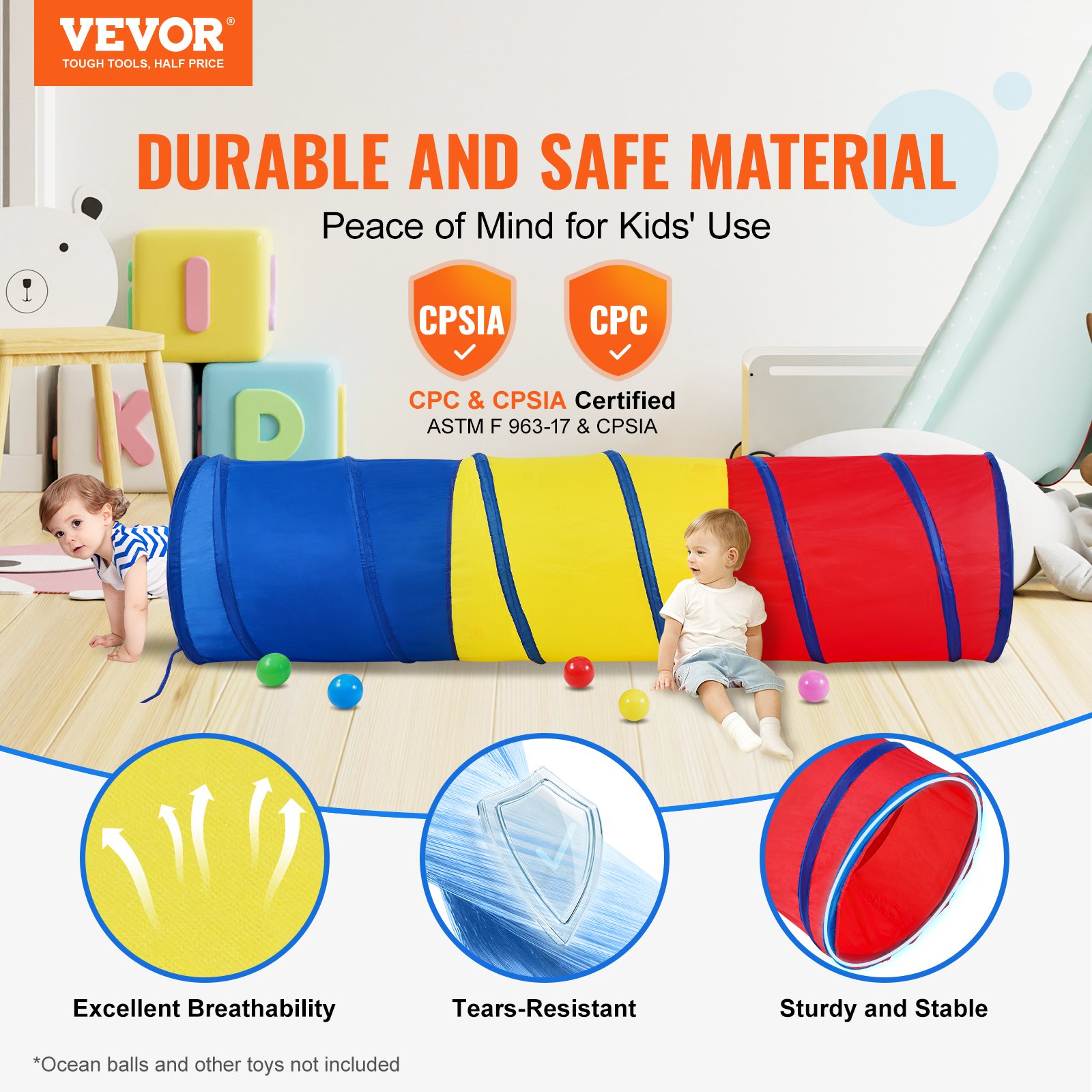 VEVOR kids play tunnel with vibrant colors, excellent breathability, and tear-resistant material. cpc &amp; cpsia certified.