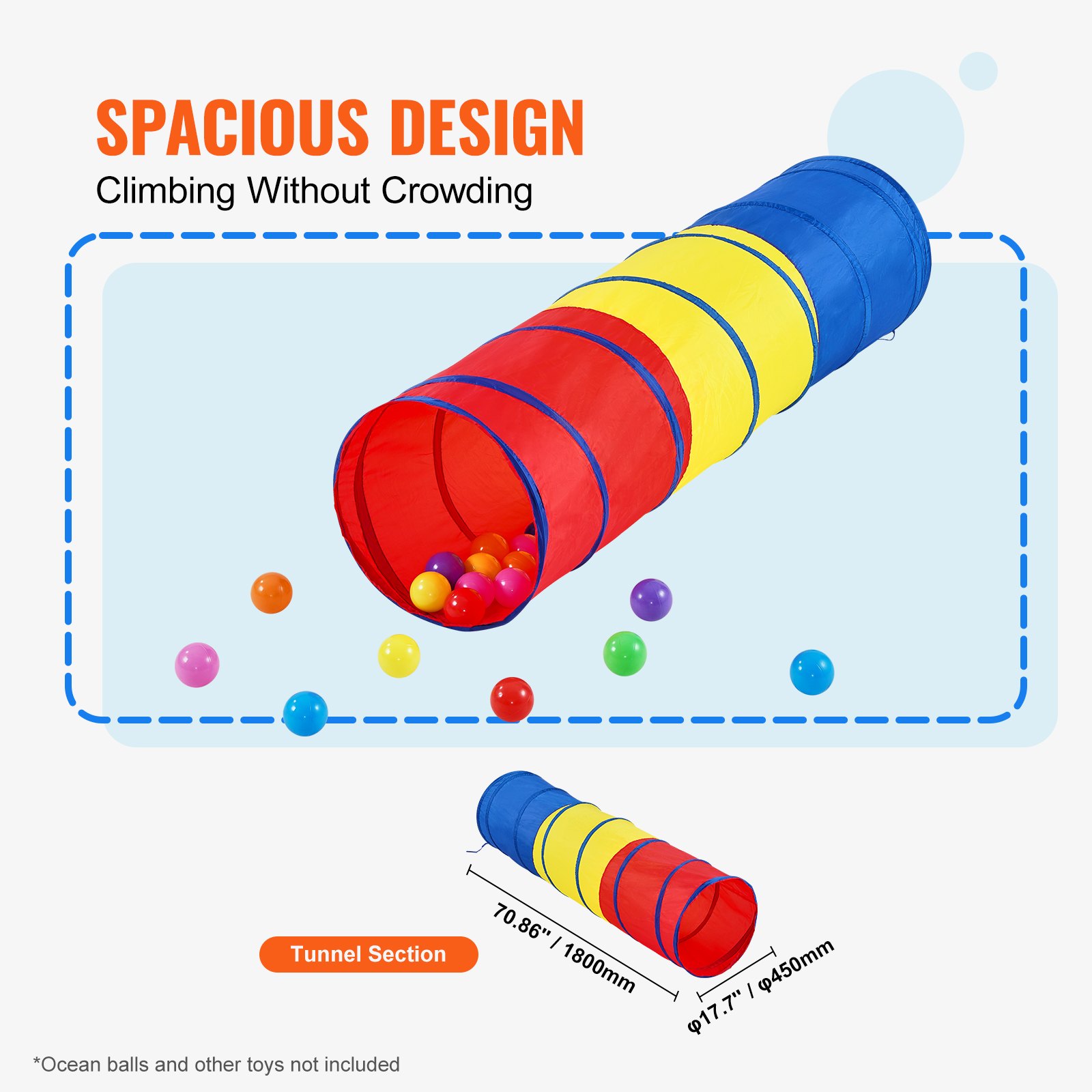 VEVOR kids play tunnel with colorful sections, spacious design, and scattered balls, measures 70.86&quot;x17.7&quot;.