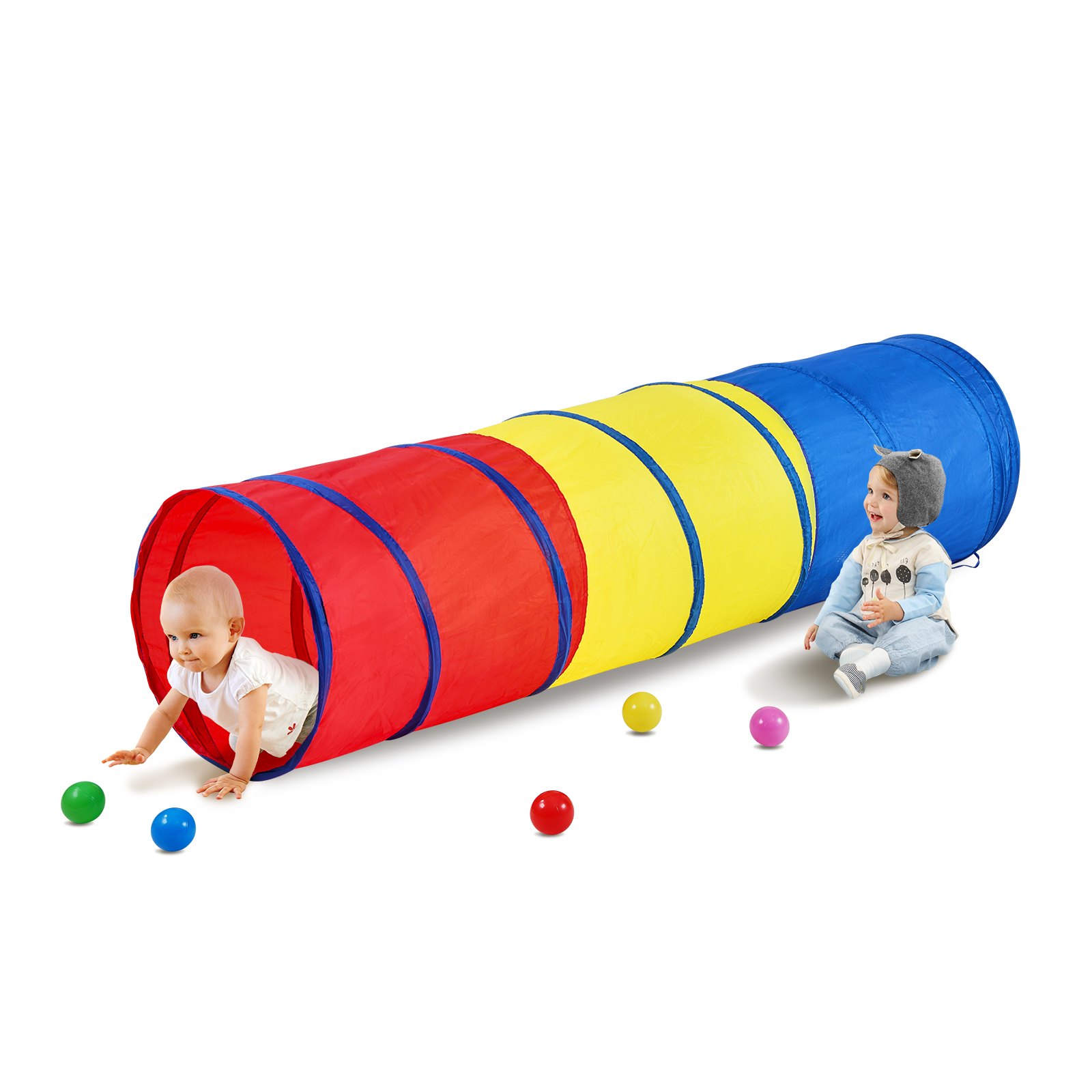 kids playing with VEVOR kids play tunnel in red, yellow, and blue, with colorful balls scattered around.
