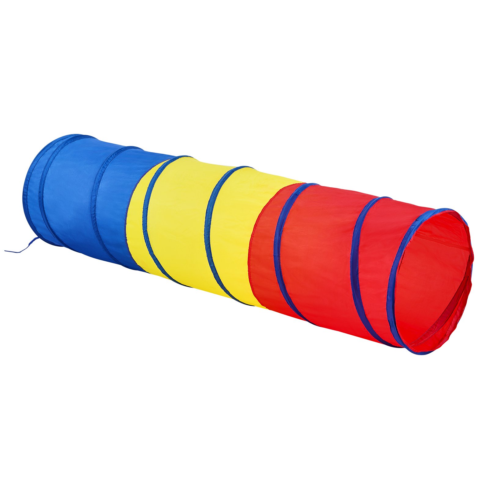 colorful VEVOR kids play tunnel with blue, yellow, and red sections, featuring blue rims.