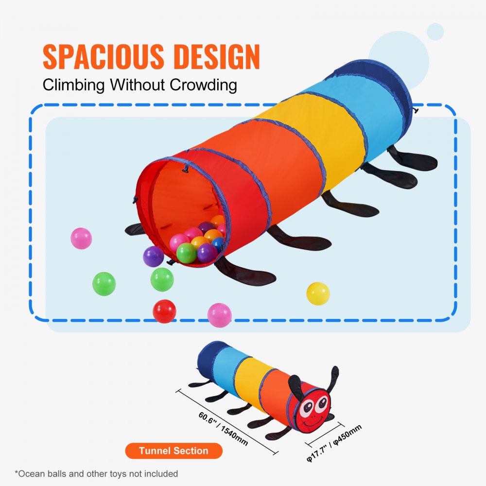 colorful VEVOR kids play tunnel with caterpillar design and scattered colorful balls, promoting spacious play.
