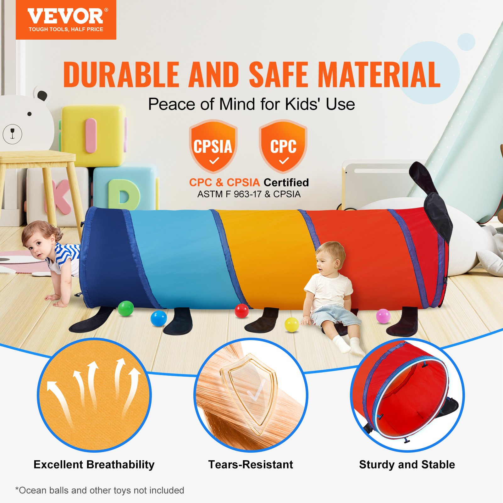 VEVOR kids play tunnel in colorful design; cpc &amp; cpsia certified, featuring excellent breathability and tear resistance.