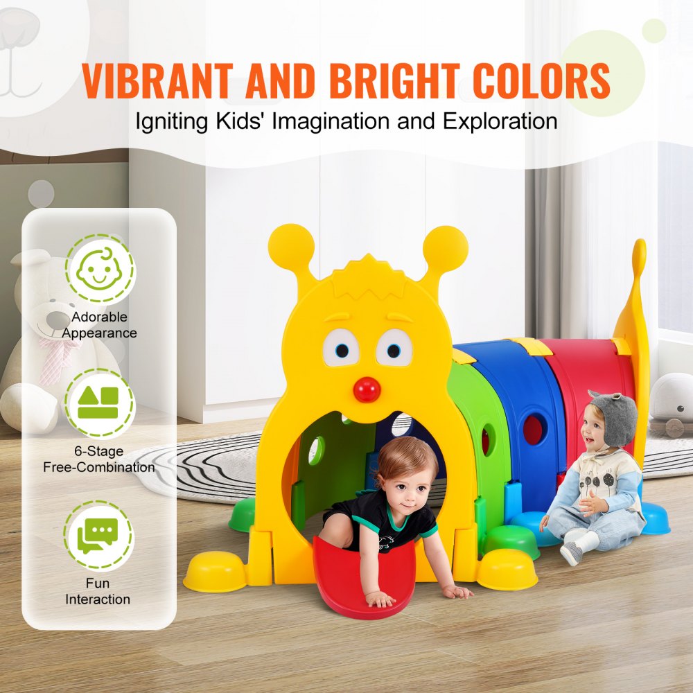 VEVOR Caterpillar Tunnel for Kids, Outdoor Indoor Climb and Crawl Through, Play Equipment for Toddler,Boys,Girls,Baby 3-6, 4 Sections, for Daycare, Preschool, Playground, Multicolor