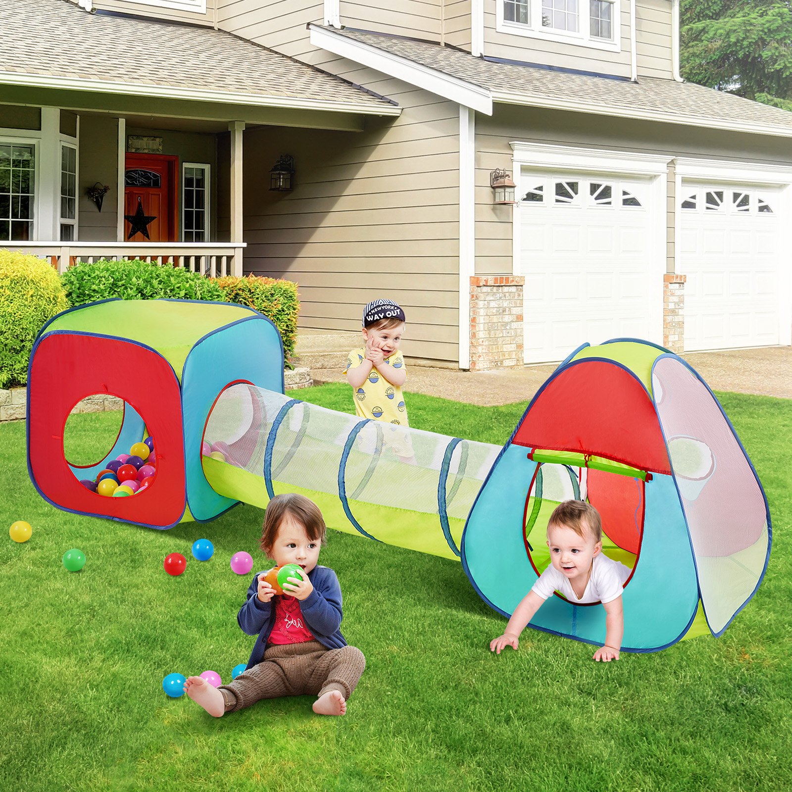 VEVOR 3 in 1 Kids Play Tent with Tunnel for Boys, Girls, Babies and Toddlers, Indoor/Outdoor Pop Up Playhouse with Carrying Bag & Banding Straps as Birthday Gifts, Red/Yellow/Blue Multicolor