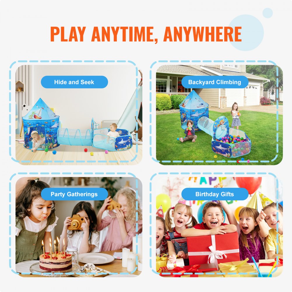 VEVOR kids play tent for hide and seek, backyard climbing, party gatherings, and birthday gifts.