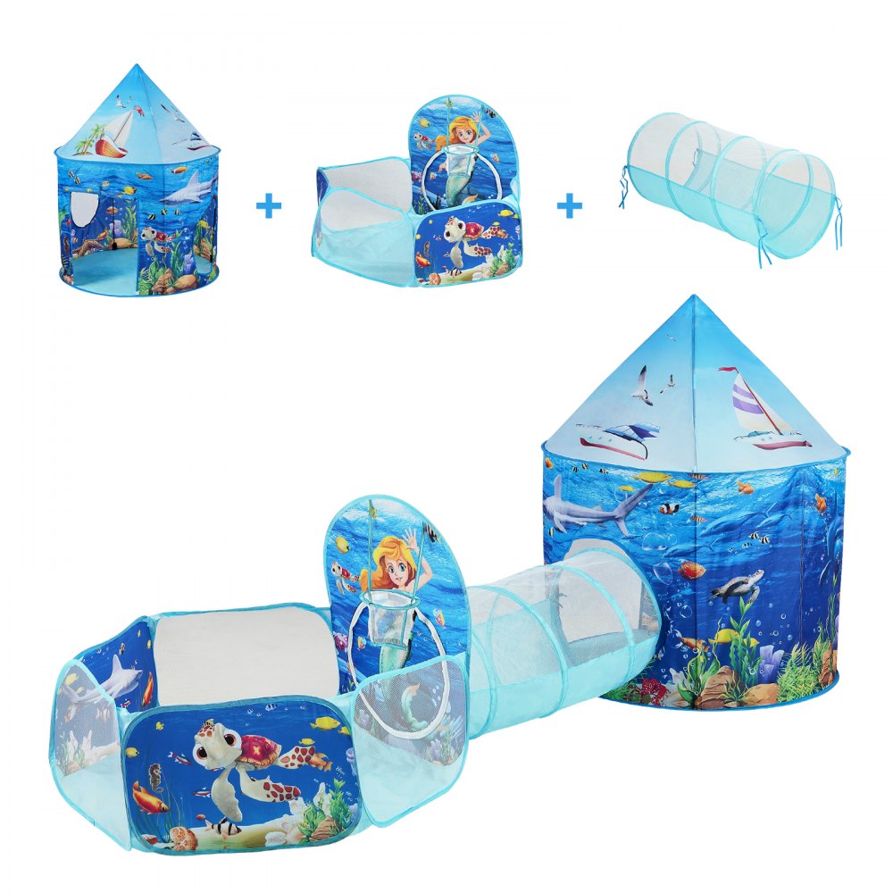 VEVOR kids play tent with ocean-themed castle, ball pit, and tunnel for indoor and outdoor fun.