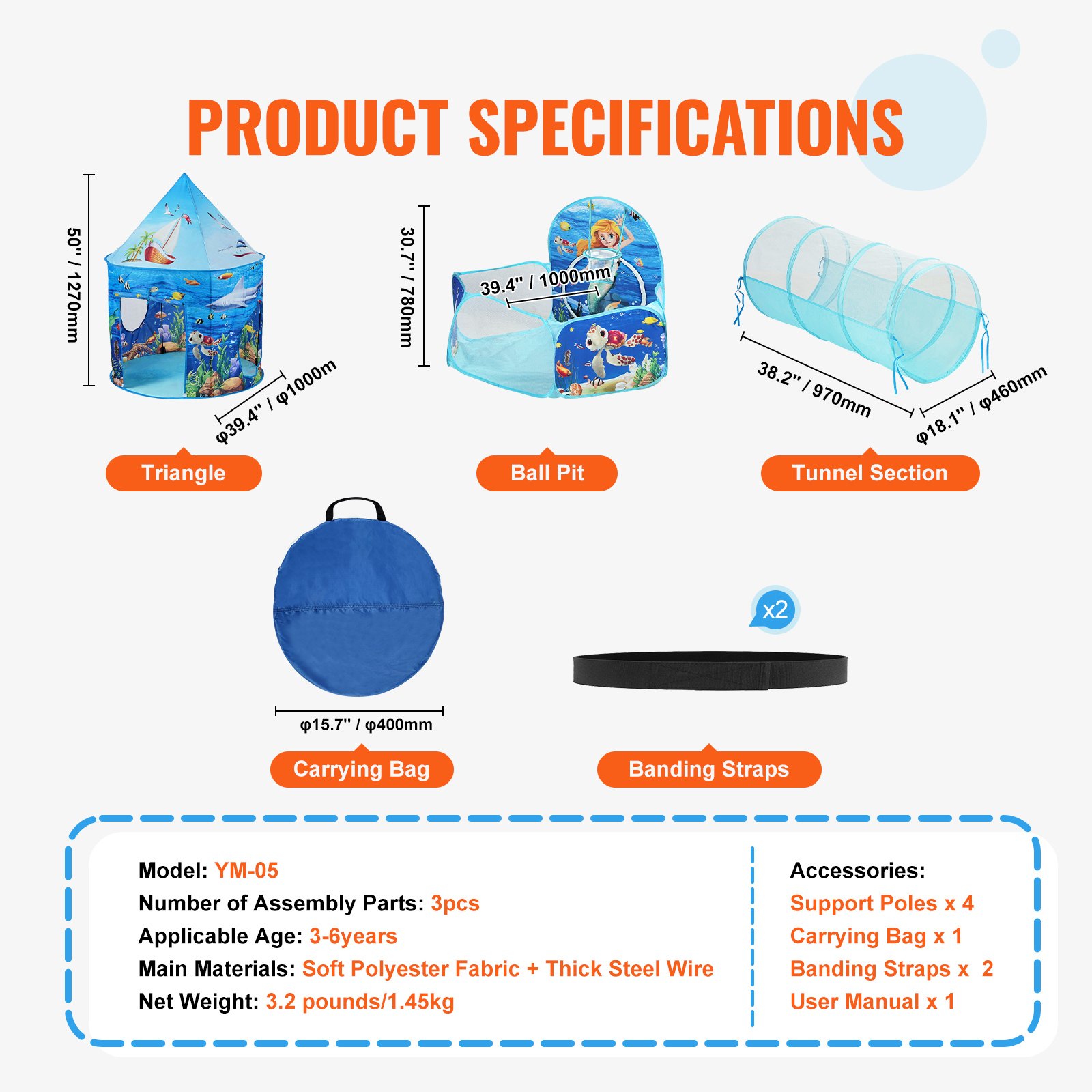 VEVOR kids play tent specifications with triangle tent, ball pit, tunnel section, and accessories.