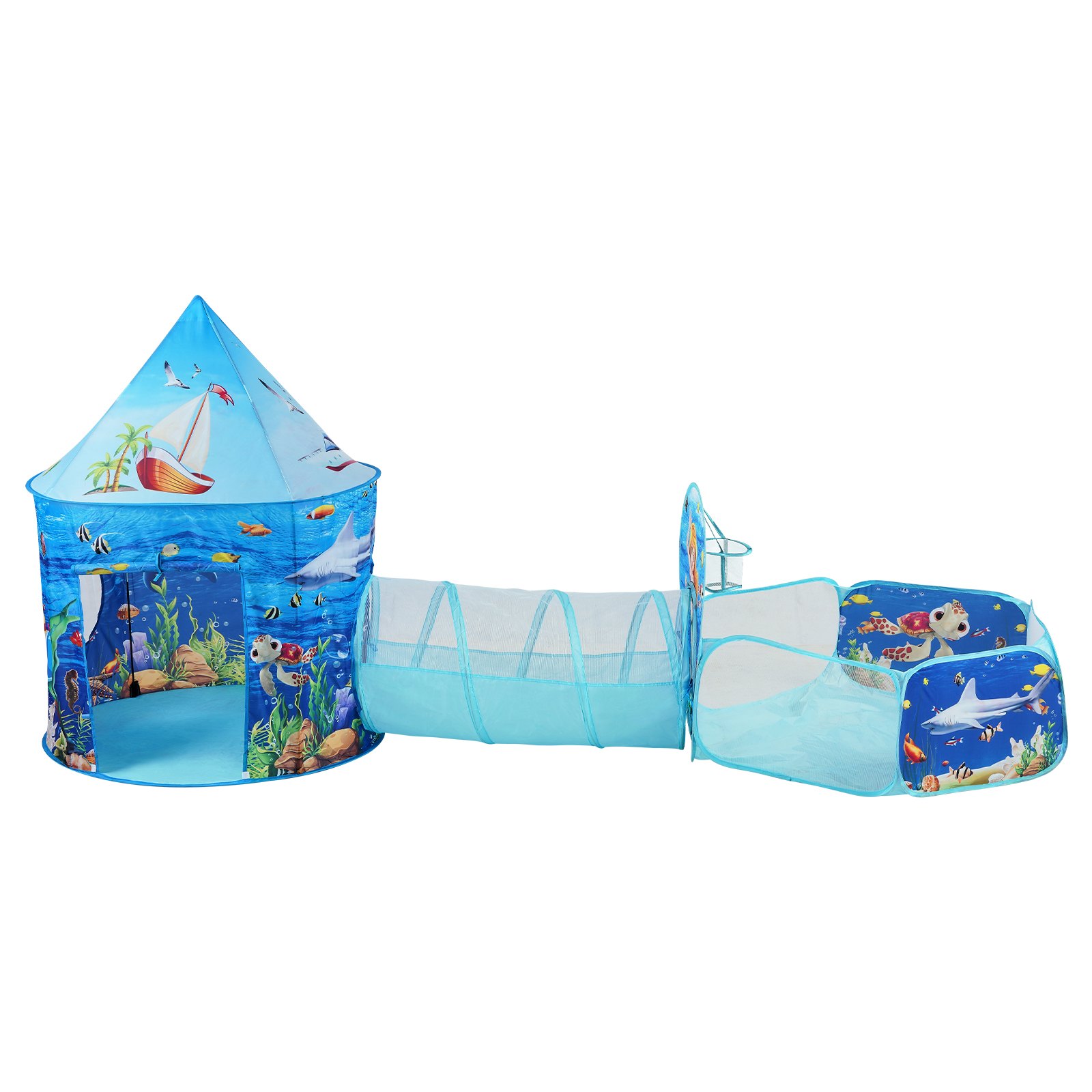 VEVOR kids play tent with ocean-themed design, tunnel, and cube for imaginative play.