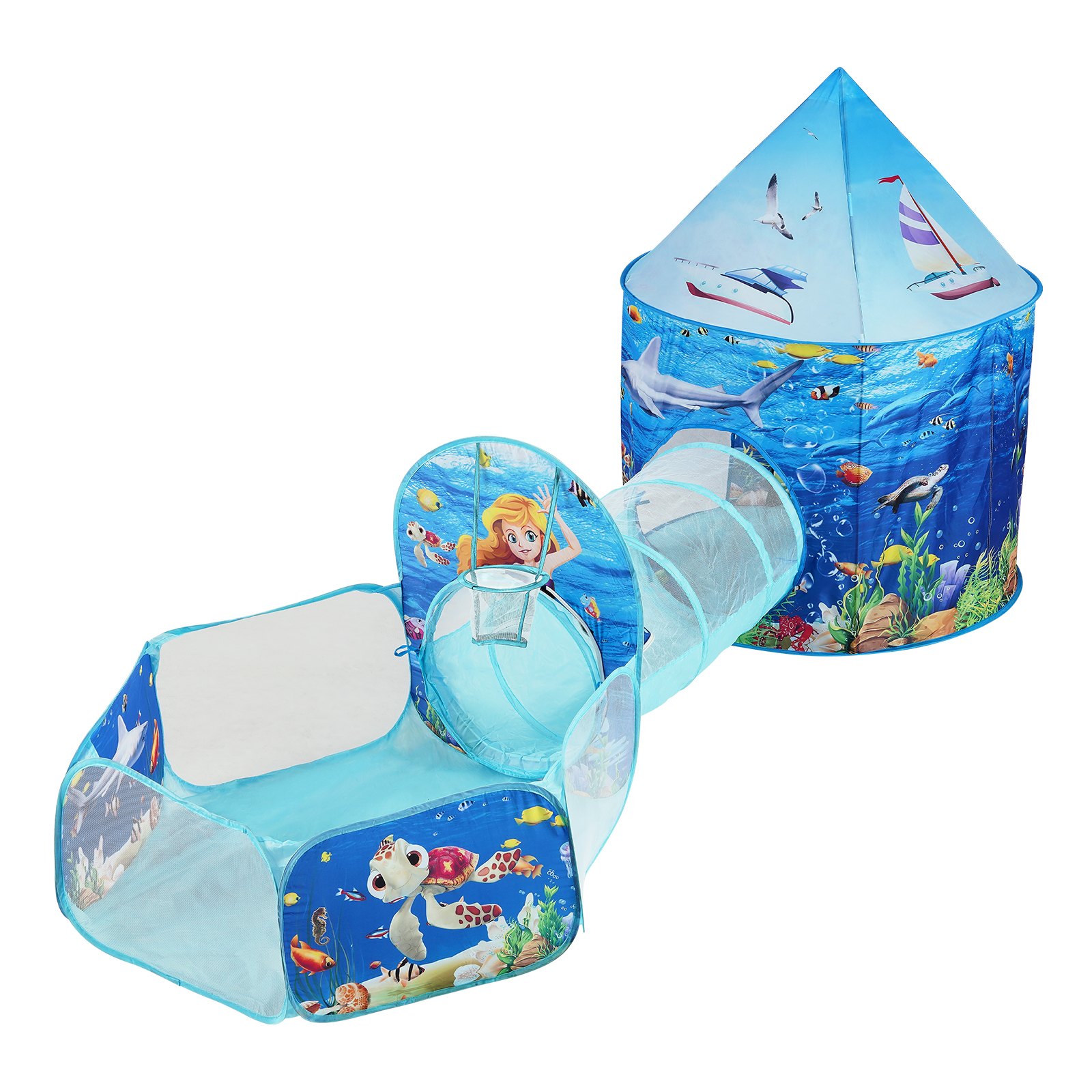 VEVOR kids play tent in blue with underwater-themed graphics, featuring a dome and tunnel design.