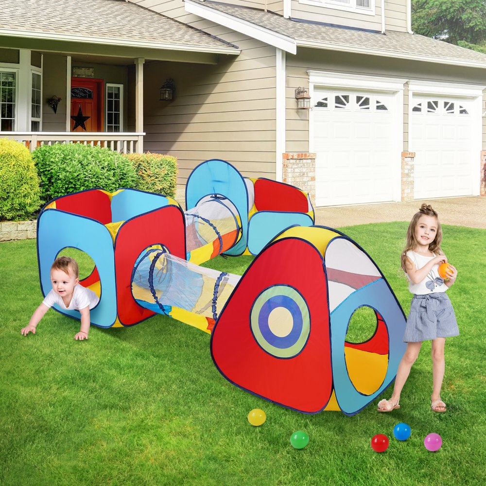 colorful VEVOR kids play tent with tunnels on a lawn in front of a house, children playing.