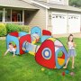 colorful VEVOR kids play tent with tunnels on a lawn in front of a house, children playing.