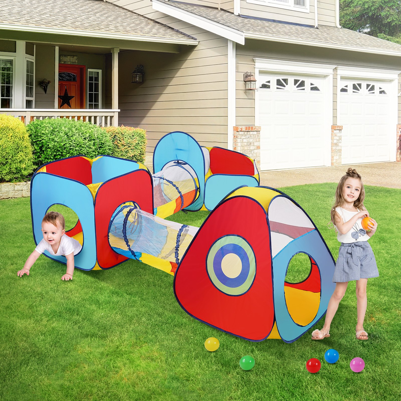 colorful VEVOR kids play tent with tunnels on a lawn in front of a house, children playing.