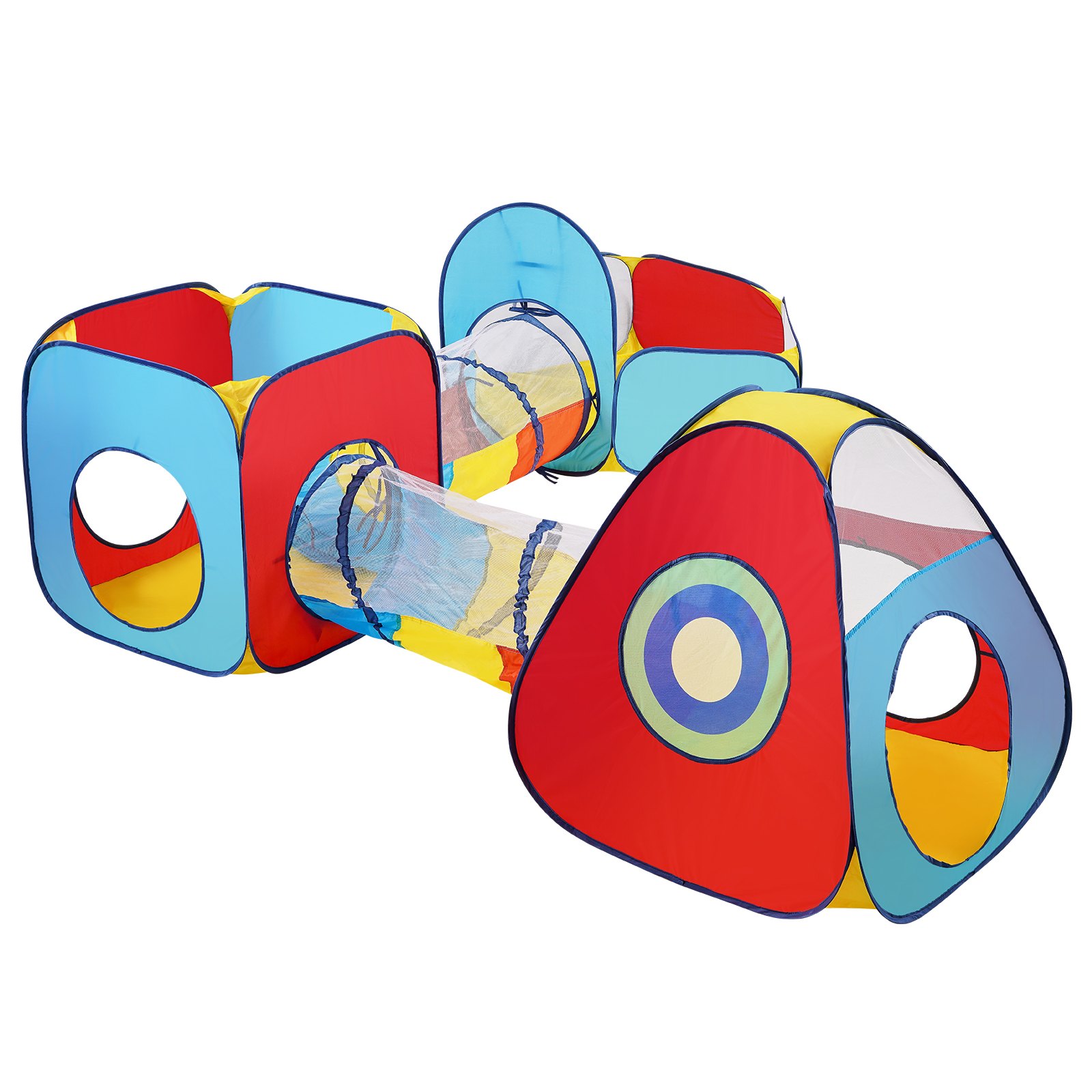 brightly colored VEVOR kids play tent with tunnels and playhouses in blue, red, yellow, and green.