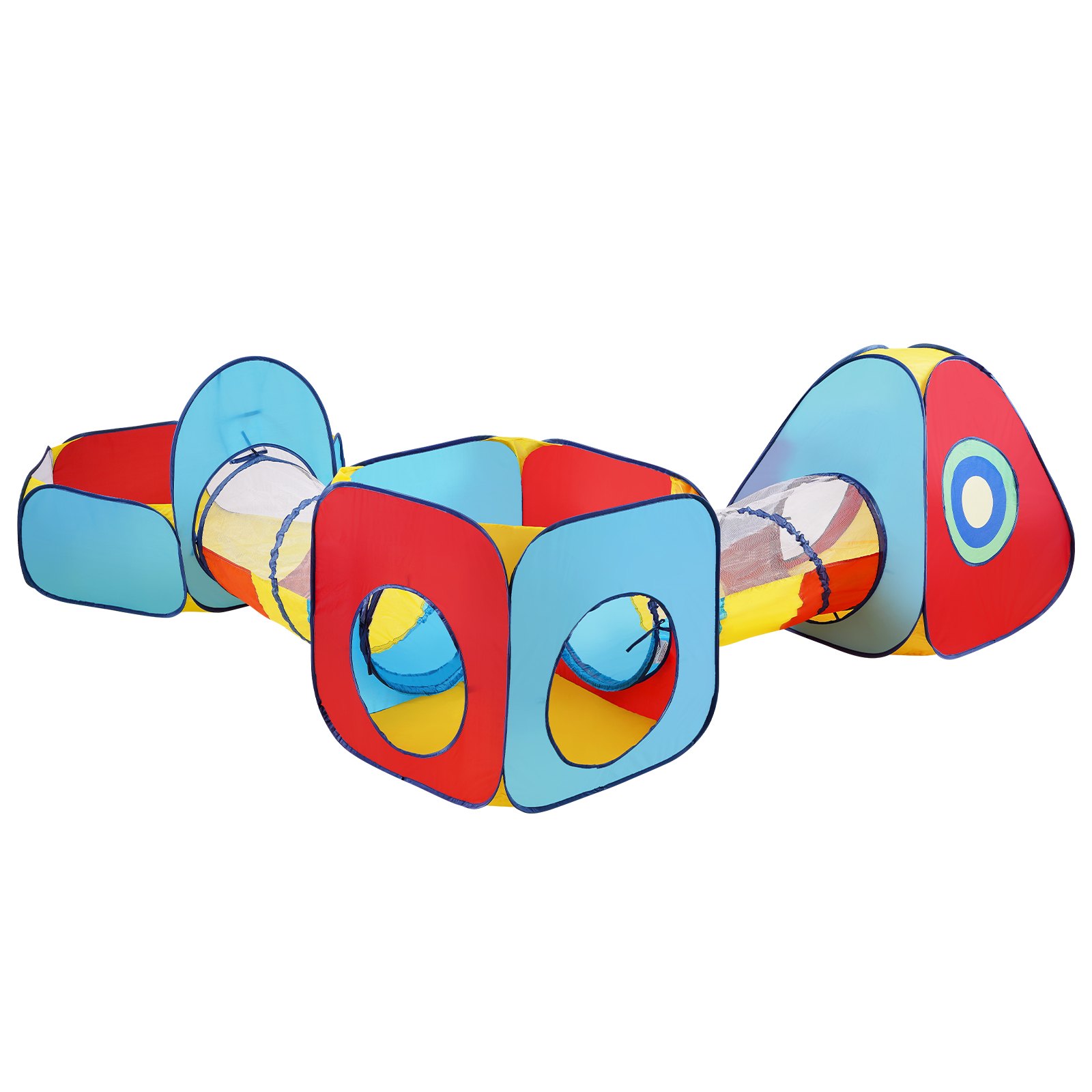 colorful VEVOR kids play tent with tunnels, red, blue, and yellow sections connected for indoor fun.