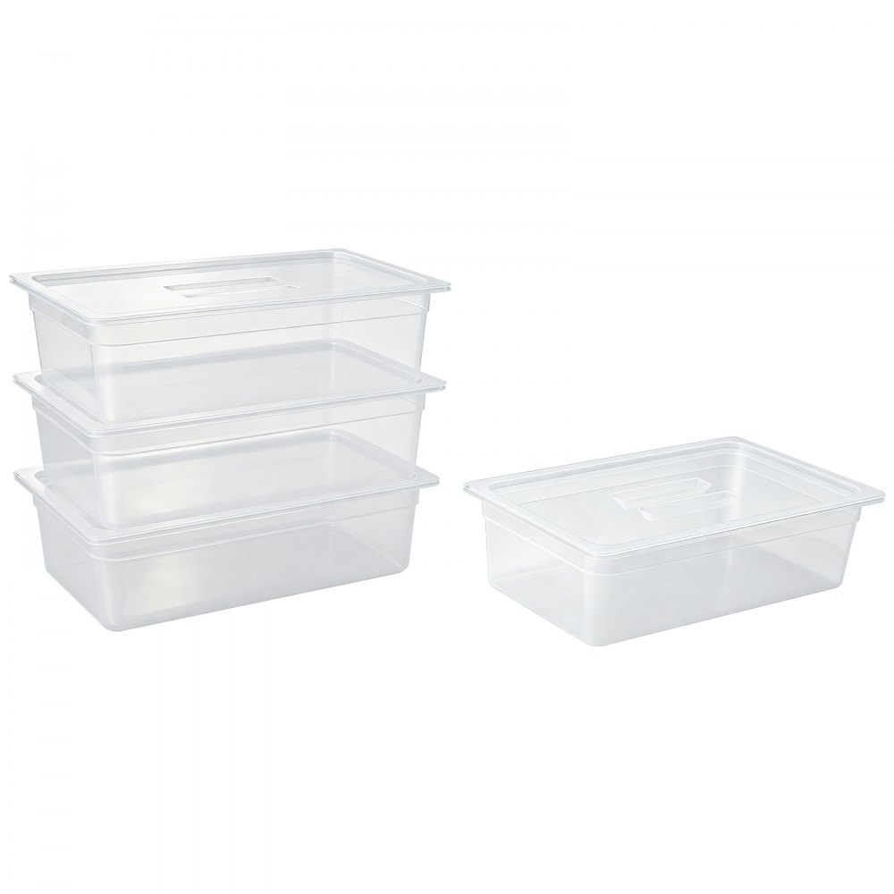 VEVOR 4-Pack Polypropylene Food Pans, Full Size, 6" Deep, Lid, Prep Table for Restaurants, Buffets and Salad Bars, Commercial Food Storage Containers, Dishwasher Compatible, Stackable, Scale Markings